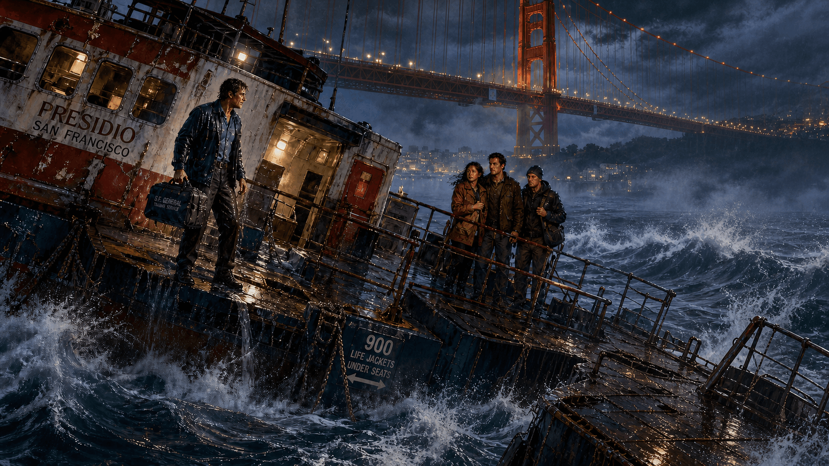 A surgeon stands apart from three people on the listing deck of a damaged ferry.