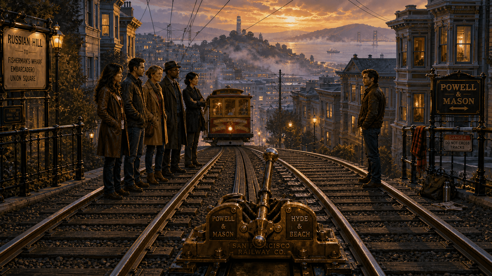 Five people stand on one branch of a San Francisco rail line while one man stands on the other, with a cable car approaching in the distance.
