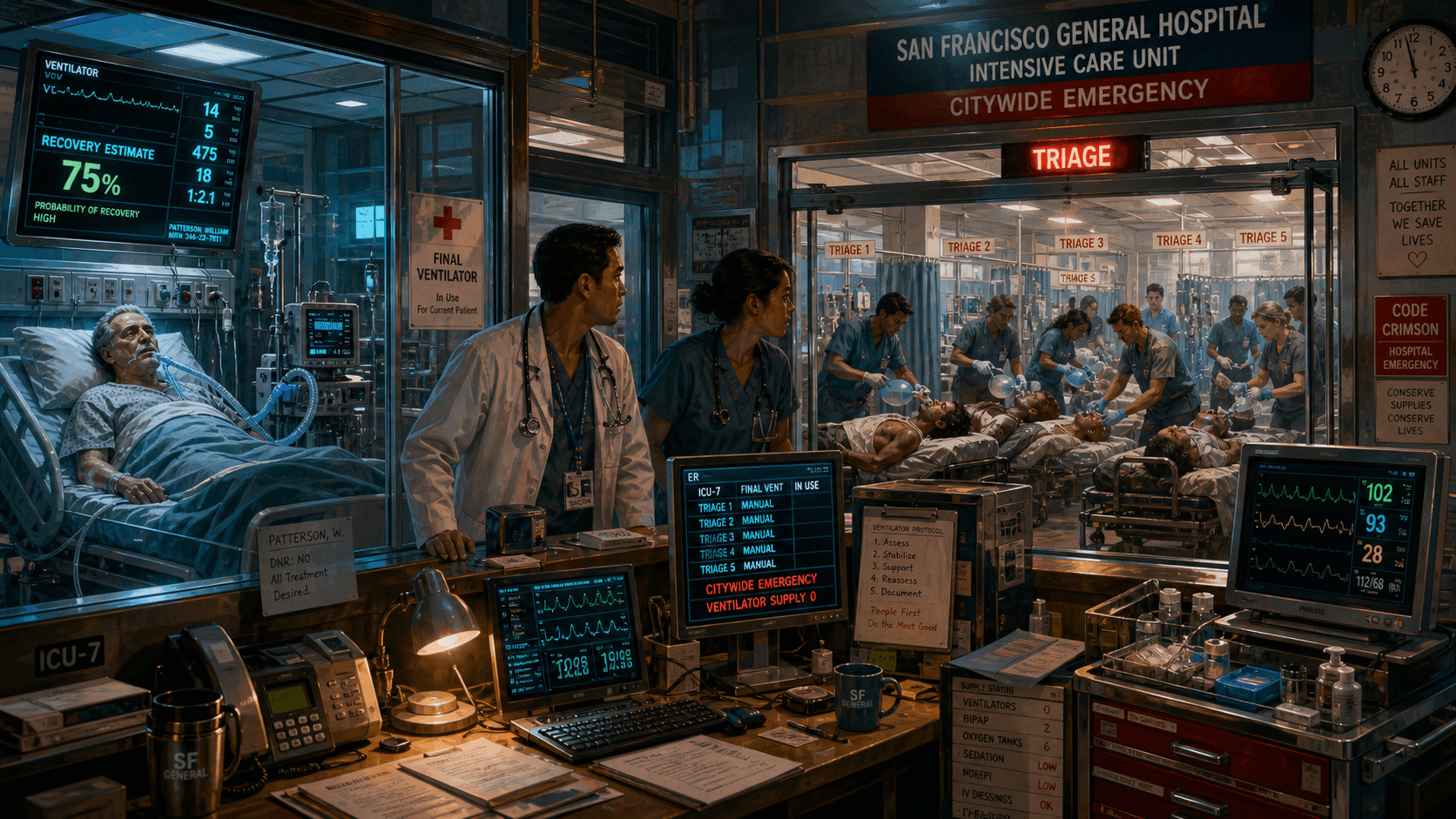 An older patient uses a ventilator in a glass-fronted ICU room while five patients receive manual breathing support in the adjacent triage ward.