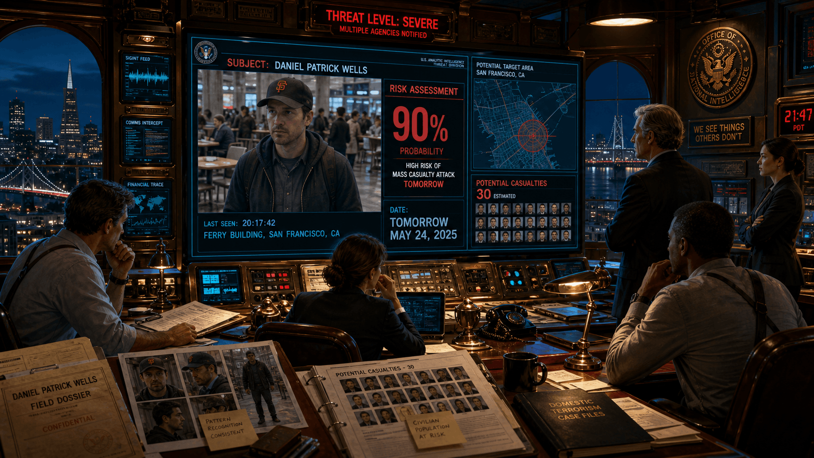 Intelligence analysts study an ordinary man's surveillance image beside a 90% threat assessment and a projected toll of 30 people in a nighttime San Francisco operations room.