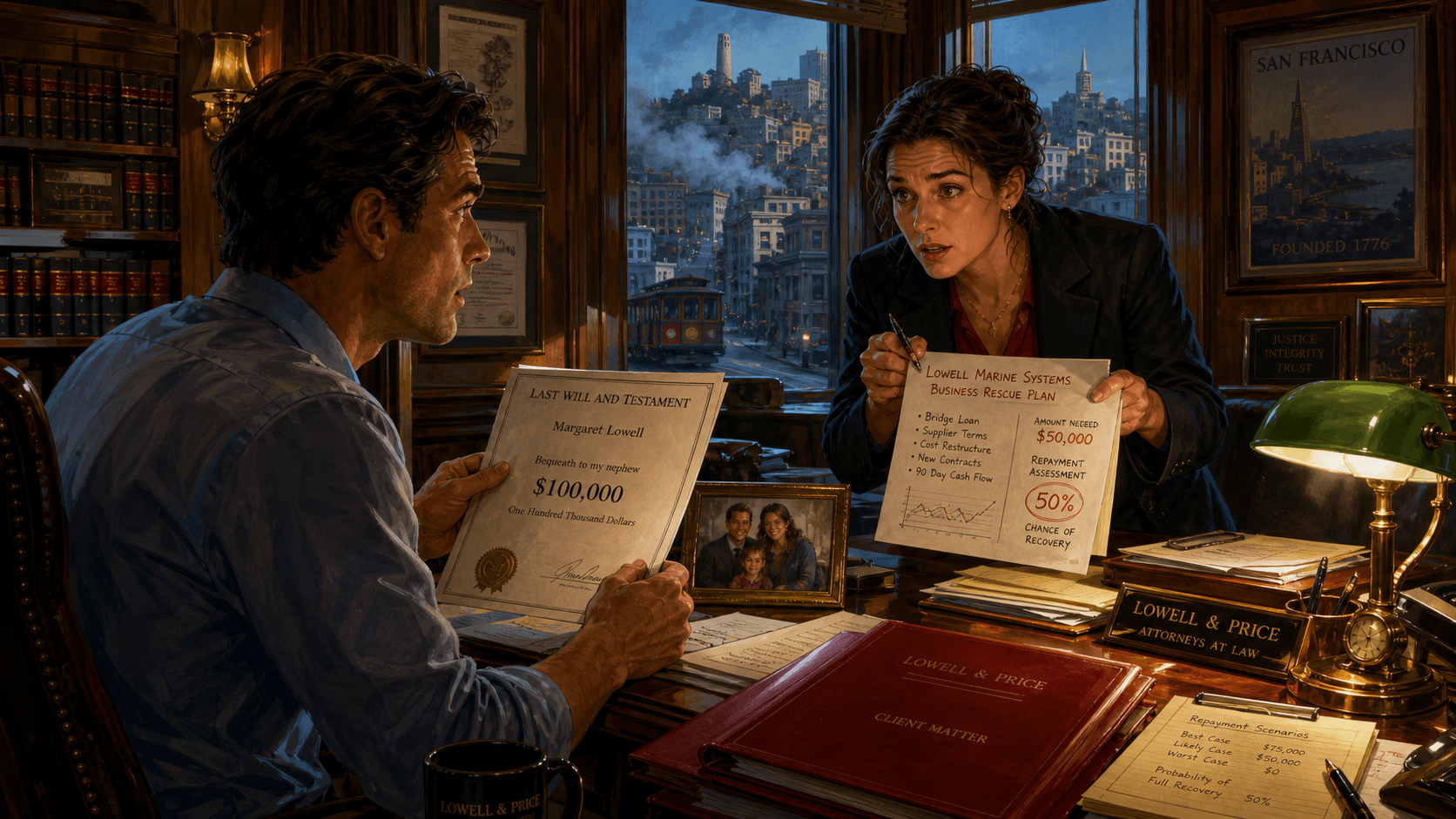Two siblings face one another in a San Francisco lawyer's office while considering an inheritance and a risky plan to rescue the family business.