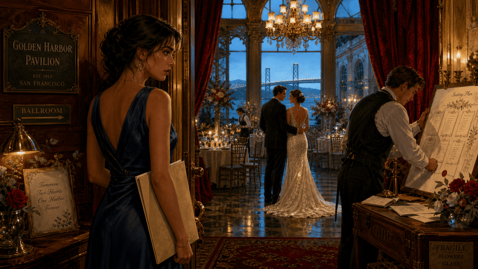A wedding guest holds a sealed evidence packet at the entrance to a San Francisco ballroom while the engaged couple stands together inside.